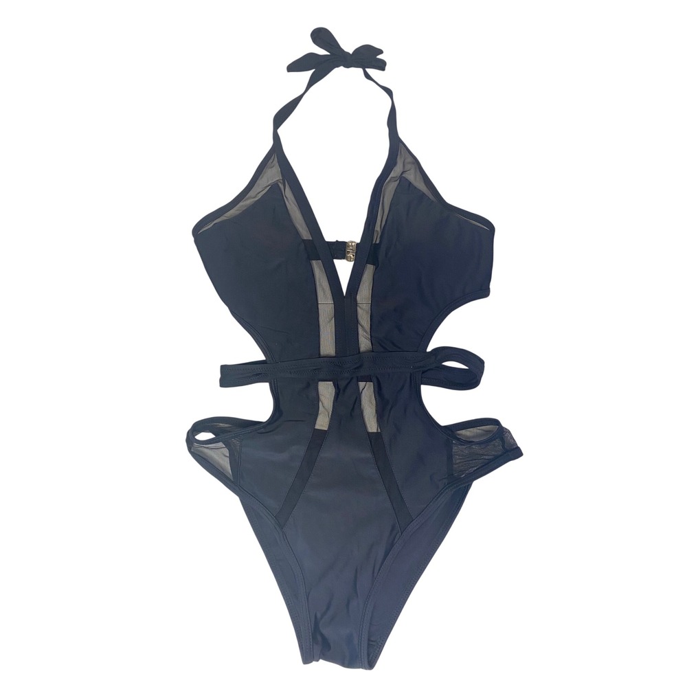 Yira Black Mesh Cut Out Halter Monokini One Piece Swimsuit Small